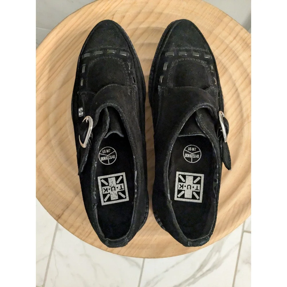 NWOT T.U.K. Black Suede Monk Strap Creepers‎ Platform Shoes Size US 7 EU 40